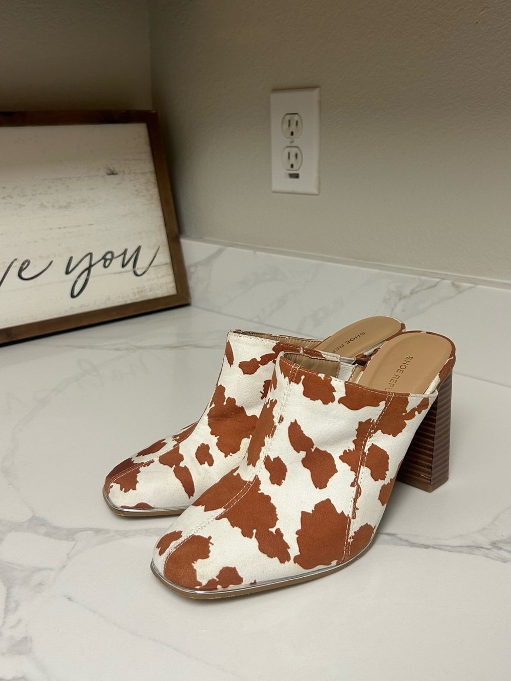 Cow Print Mules - Brown/White Block Heel Slip-On